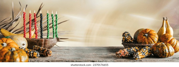 Kwanzaa, african holiday Kwanzaa with decoration of seven candles in red, black and green colors, vegetable harvest, corn. Greeting card banner. Happy Kwanzaa - Powered by Shutterstock