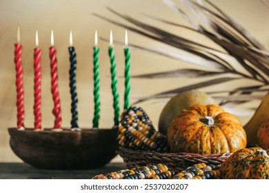 Kwanzaa, african holiday Kwanzaa with decoration of seven candles in red, black and green colors, vegetable harvest, corn. Greeting card banner. Happy Kwanzaa - Powered by Shutterstock