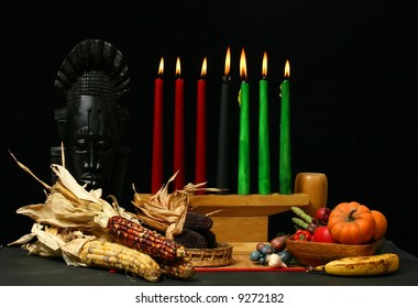 Kwanzaa Display With Candles Lit