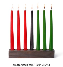 Kwanzaa festival concept with seven candles red, black and green in candlestick is isolated on white background - Powered by Shutterstock