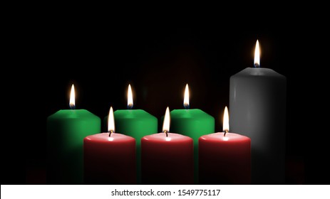 Kwanzaa holiday background with candle light of seven candle sticks in black, green, red symbolising 7 principles of African Heritage (Nguzo Saba) for African-American cultural celebration - Powered by Shutterstock