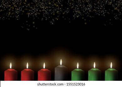 Kwanzaa holiday background with candle light of seven candle sticks in black, green, red symbolising 7 principles of African Heritage (Nguzo Saba) for African-American cultural celebration - Powered by Shutterstock