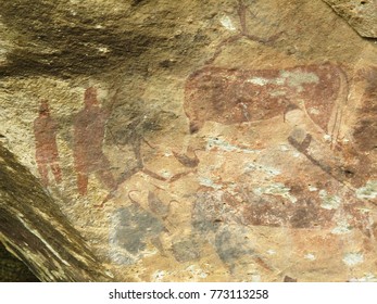 Kwazulu-Natal, South Africa - January 04, 2017: Rock art of San Art Museum at Giants Castle reserve  in the Central Berg region of the Ukhahlamba Drakensberg Park, which is now a World Heritage Site. 