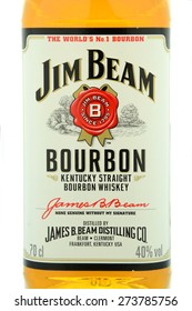 KWIDZYN, POLAND - APRIL 9, 2015: Jim Beam bourbon whiskey isolated on white background. Jim Beam is owned by Beam Global Spirits and wine and it has been destiled in Clermont, Kentucky USA since 1795