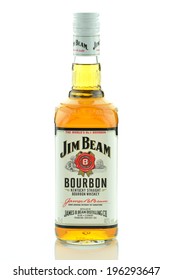 KWIDZYN, POLAND - MAY 29, 2014: Jim Beam bourbon whiskey isolated on white background.  Jim Beam is owned by Beam Global Spirits and wine and it has been destiled in Clermont, Kentucky USA since 1795