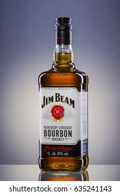 KWIDZYN, POLAND – MAY 4, 2017: Jim Beam bourbon whiskey on gradient background. Jim Beam is owned by Beam Global Spirits and wine and it has been destiled in Clermont, Kentucky USA since 1795