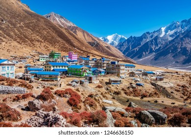 Kyanjin Village At Langtang Valley, Nepal, Surrounded By The Tsergo Ri And Yala Peak Mountains