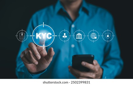 KYC verification concept. Person interacting with Know Your Customer (KYC) compliance and security interface on digital screen. Identity verification, E KYC, digital identity, and security processes.