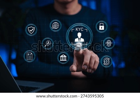 KYC verification concept. User using digital interface to confirm customer identity with secure banking compliance and financial fraud prevention in modern fintech environment biometric authentication