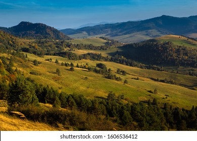 Kycera at left, Bystry hrb and Vysoky vrch at right. Pieniny mountains in autumn. - Shutterstock ID 1606536412
