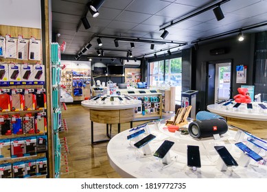 KYEV, UKRAINE - SEPTEMBER 22, 2020: Store of gadgets, smartphones and smart electronic devices. Smartphones on the shelf in store.