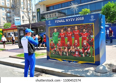 KYIV, UKRAINE– MAY 24 2018: Opening in Kyiv Fan Zone of the UEFA Final Champions League.  Photozone with the image of football players on May 24, 2018 in Kyiv