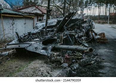 KYIV REGION, UKRAINE 05.04.2022
Atrocities Of The Russian Army In The Suburbs Of Kyiv. Irpin, Bucha. Russian Military Equipment Destroyed By The Ukrainian Army. Russia's War Against Ukraine.