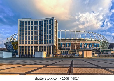 Kyiv, Ukraine - 01.09.2021:  View Of The Olimpiyskiy National Sports Complex From The Troyitska Square.