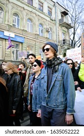 Kyiv, Ukraine 03/08/2019: People Marching At The Women's March 2019  With Posters And Signs In The City Center