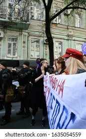 Kyiv, Ukraine 03/08/2019: People Marching At The Women's March 2019  With Posters And Signs In The City Center