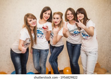 Kyiv, Ukraine - 03.19.2015: Girls Celebrate Bachelorette Party In Matching T-shirts