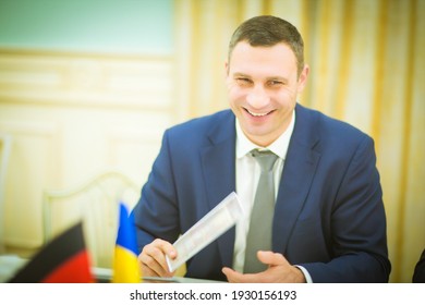 Kyiv, Ukraine - 03.26.2016: Mayor Of Kiev And Former Professional Boxer Vitaliy Klitschko Smiles While Sitting In A Suit