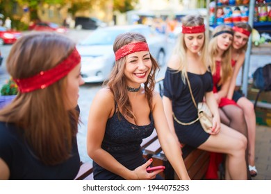 Kyiv, Ukraine - 07.04.2016: Girls Celebrate A Bachelorette Party In The City Center