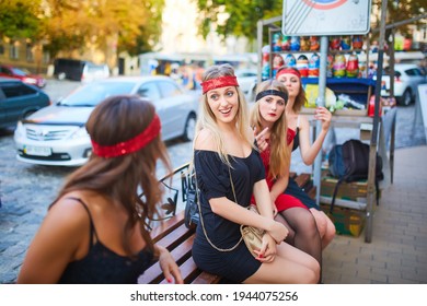 Kyiv, Ukraine - 07.04.2016: Girls Celebrate A Bachelorette Party In The City Center