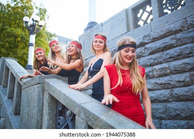 Kyiv, Ukraine - 07.04.2016: Girls Celebrate A Bachelorette Party In The City Center