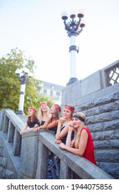 Kyiv, Ukraine - 07.04.2016: Girls Celebrate A Bachelorette Party In The City Center