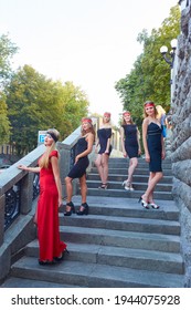 Kyiv, Ukraine - 07.04.2016: Girls Celebrate A Bachelorette Party In The City Center