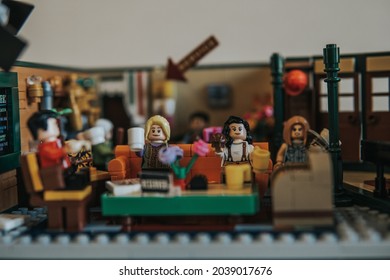 Kyiv, Ukraine 10 04 2021: Lego Figures Friends Are Sitting In Caffe