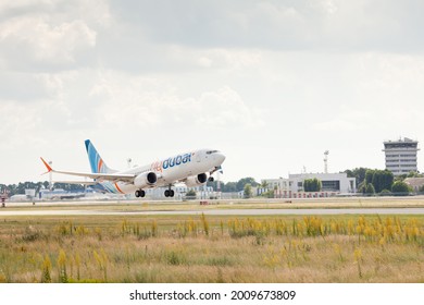 Kyiv, Ukraine - 10 JUL 2021: Boeing company Flydubai takes off from Borispol Airport in Kiev.  