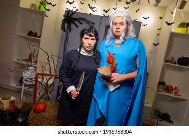 Kyiv, Ukraine - 10.31.2016: Halloween Costumes Daenerys Targaryen And Wednesday Addams