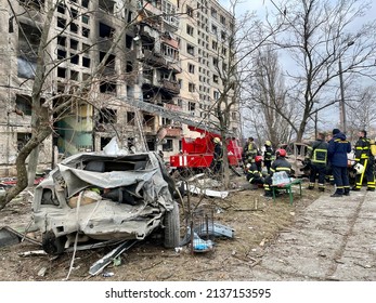 Kyiv, Ukraine - 14 March 2022: The aftermath of Russian artillery shelling.  The rocket hit a multi-storey residential building in one of Kyiv's residential areas Obolon'.