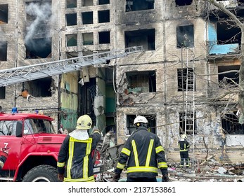 Kyiv, Ukraine - 14 March 2022: Firefighters are removing the aftermath of Russian artillery shelling of a multi-storey residential building in one of Kyiv's residential areas.