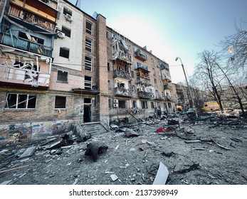 Kyiv, Ukraine - 18 March 2022: The aftermath of Russian artillery shelling.  The rocket hit an area of residential buildings in one of Kyiv's districts Podil.
