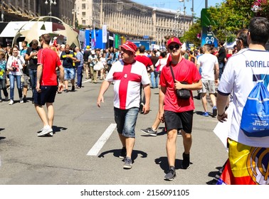 KYIV, UKRAINE – 26 MAY, 2018: English Fans During The 2018 UEFA Champions League Final Match Real (Madrid) – Liverpool On The Olympic Stadium 