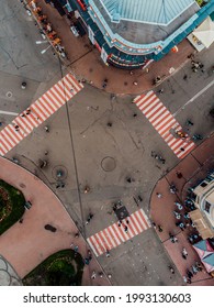 Kyiv, Ukraine, 5.06.2021 - Top view of crosswalk on Kontraktova square.