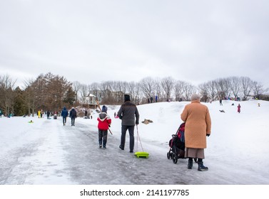 Kyiv, Ukraine. 7 February 2022. City people in a snow. Many metropolis residents stroll through a snow-covered park in frosty winter day weekends. Children sledding on snow-covered hills in a park. 