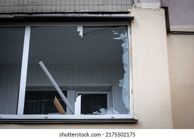 KYIV, UKRAINE - APR 21, 2022: The blast wave blew out all the windows in the apartment buildings by the Kalibr cruise missile airstrike at the 17 March of the full-scale Ru invasion of Ukraine