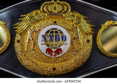 Kyiv, Ukraine - April 22, 2017: Fragment Of The Boxing NABO Championship Belt. North American Boxing Organization. Champion. Exhibition-museum Of The Klitschko Brothers In Kiev, Klitschkoexpo.