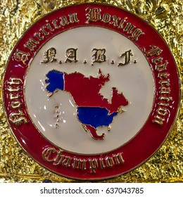 Kyiv, Ukraine - April 22, 2017: Fragment Of The Boxing NABF Championship Belt. North American Boxing Federation. Champion. Exhibition-museum Of The Klitschko Brothers In Kiev, Klitschkoexpo.