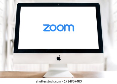 Kyiv, Ukraine - April 26, 2020. Zoom App. Application For Video Conferencing, Online Communication With Friends And Family. Remote Communication. Zoom Icon On A White Screen Of IMac