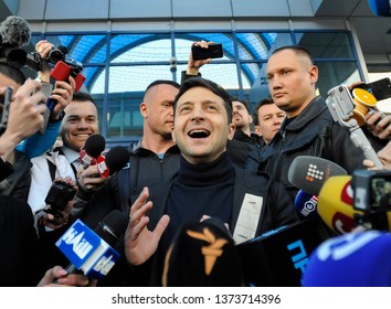 KYIV, UKRAINE- April 5, 2019: Ukrainian presidential candidate, who went to the second round of presidential elections, Volodymyr Zelensky speaks to reporters 