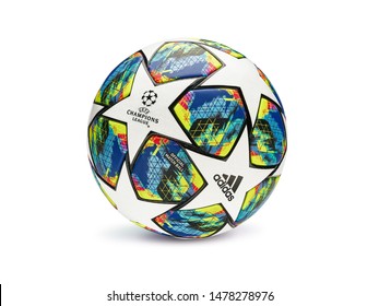 KYIV, UKRAINE, AUGUST 07, 2019: Official match ball of UEFA Champions League season 2019/2020. Close-Up Studio Shot On Plain Background.