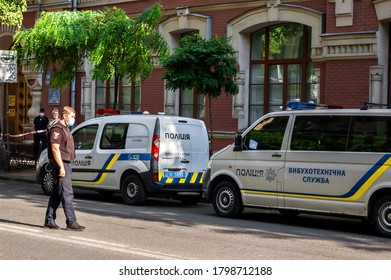 KYIV, UKRAINE - AUGUST 16, 2020: Vehicle EOD (Explosive Ordnance Disposal) service bureau of Ukraine during checking for explosive and other dangerous items detecting and removal on a bus station