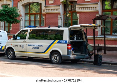 KYIV, UKRAINE - AUGUST 16, 2020: Vehicle EOD (Explosive Ordnance Disposal) service bureau of Ukraine during checking for explosive and other dangerous items detecting and removal on a bus station 
