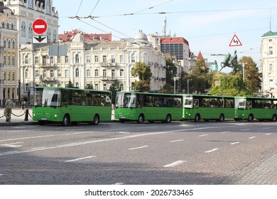 Kyiv, Ukraine - August 16 2021: Row Of Green Buses Parked On Street