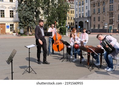 Kyiv, Ukraine - August 17 2022: Small Orchestra Preparing To Play Music On Square In Old Town