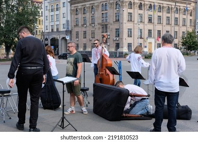 Kyiv, Ukraine - August 17 2022: Small Orchestra Preparing To Play Music On Square In Old Town