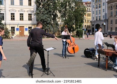 Kyiv, Ukraine - August 17 2022: Small Orchestra Preparing To Play Music On Square In Old Town