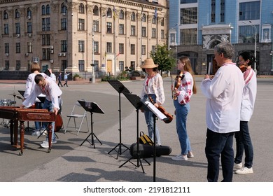 Kyiv, Ukraine - August 17 2022: Small Orchestra Preparing To Play Music On Square In Old Town