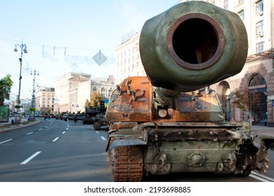 Kyiv, Ukraine - August 22, 2022: Destroyed Russian Military Equipment During War Against Ukraine. Copy Space